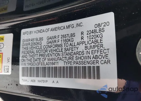 2020 Honda Accord Touring Hybrid из США, поврежденный, VIN 1HGCV3F93LA016411